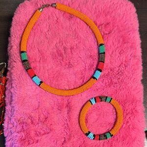 Handmade African Maasai Beaded Necklace – Zulu Tribal Glass Bead Orange C